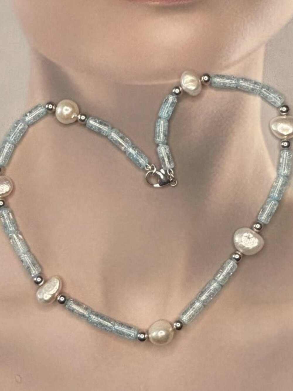 Blue Crackle Quartz and Freshwater Pearls Necklace.